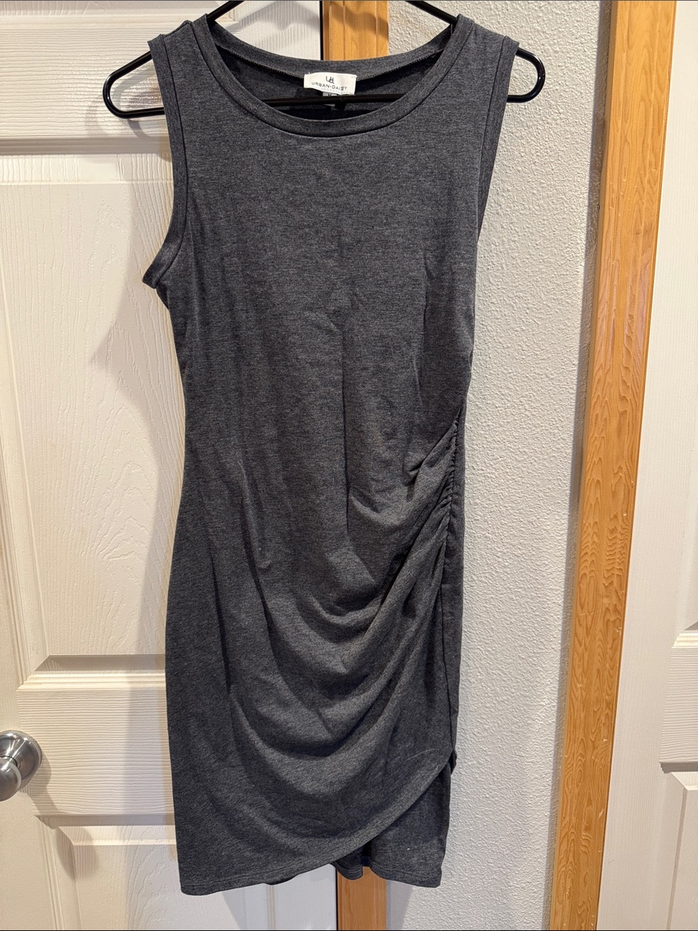 Ruched Charcoal Midi Dress - Sleeveless Casual